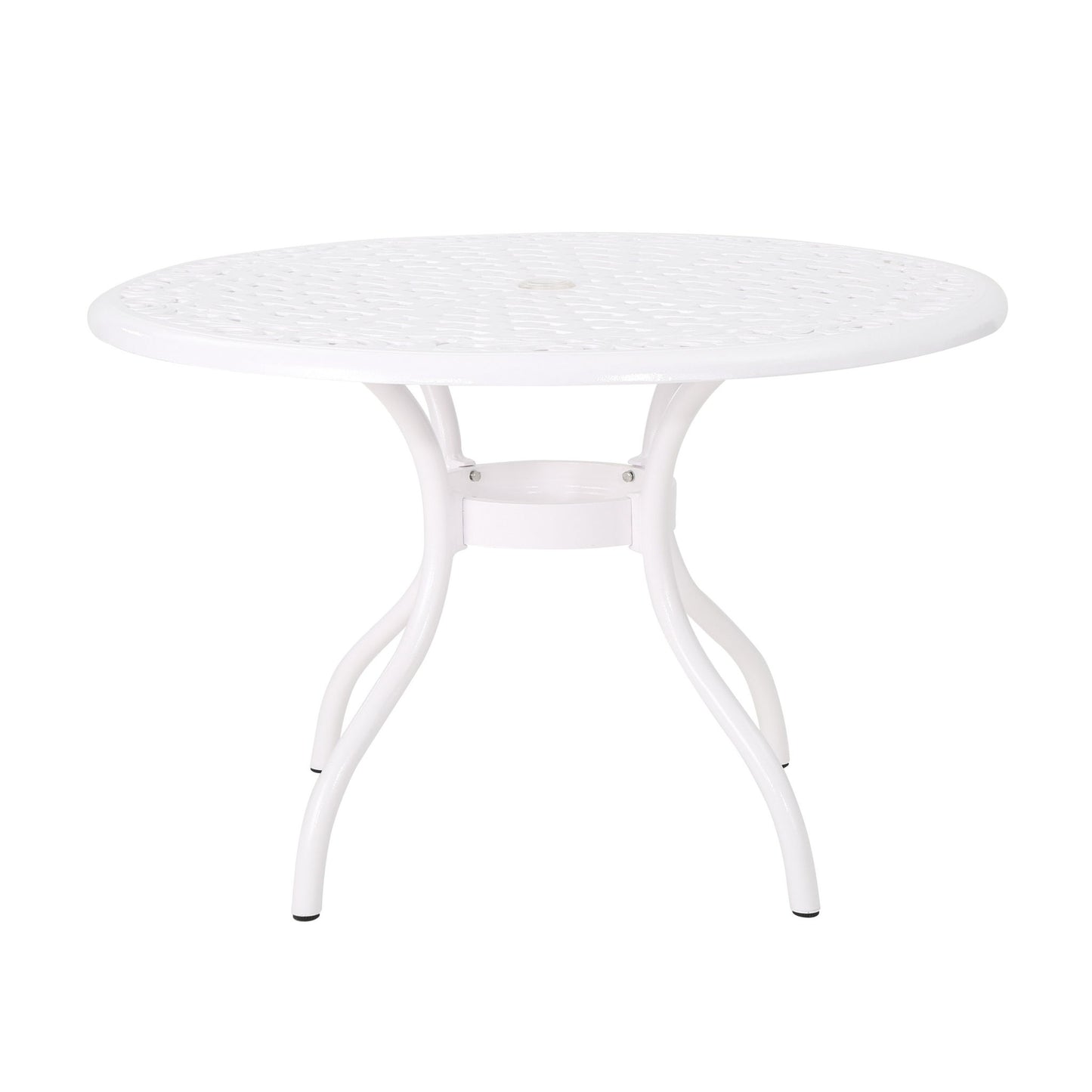 The Tranquilius Outdoor Round Dining Table features a white metal lattice-patterned tabletop, umbrella hole, and curved legs, shown on a plain white background.