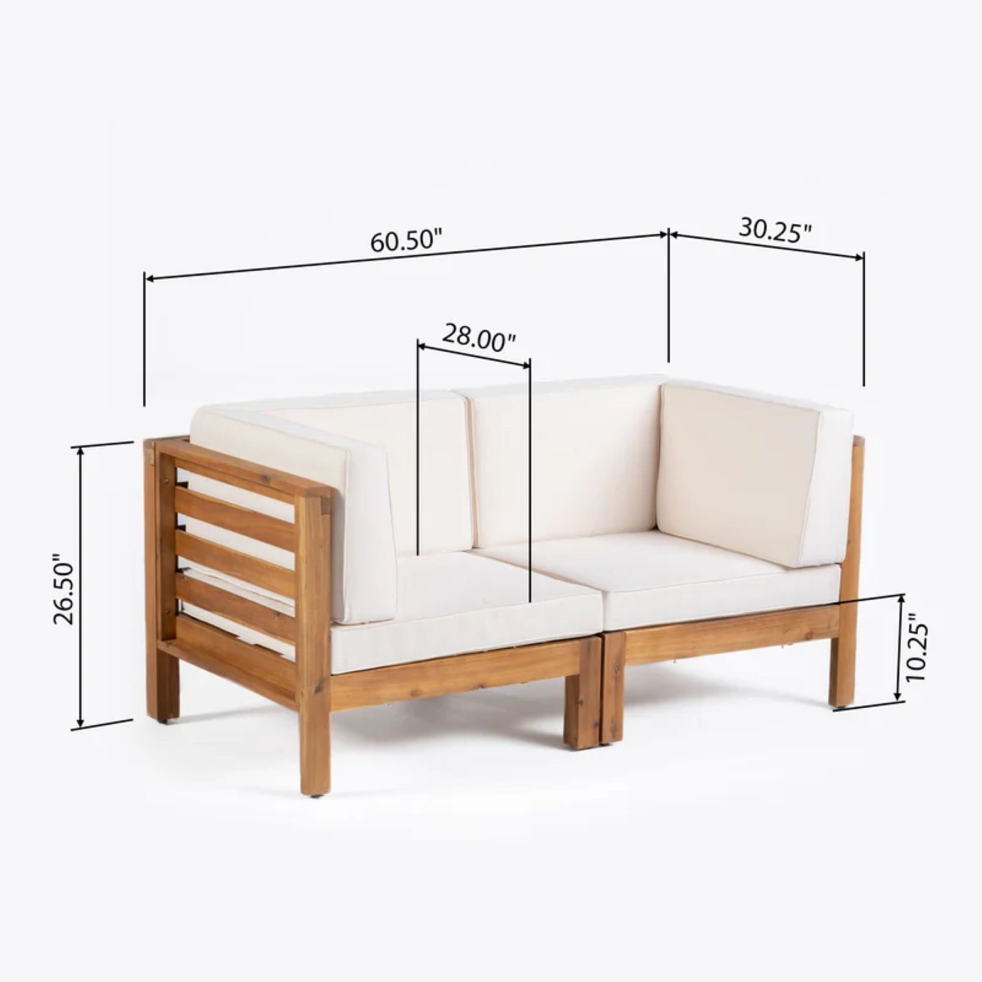 The Oana 2 Piece Loveseat Set features water-resistant cream cushions and wooden frames; dimensions: 60.5"W x 30.25"D x 26.5"H, seat depth 28", seat height 10.25".