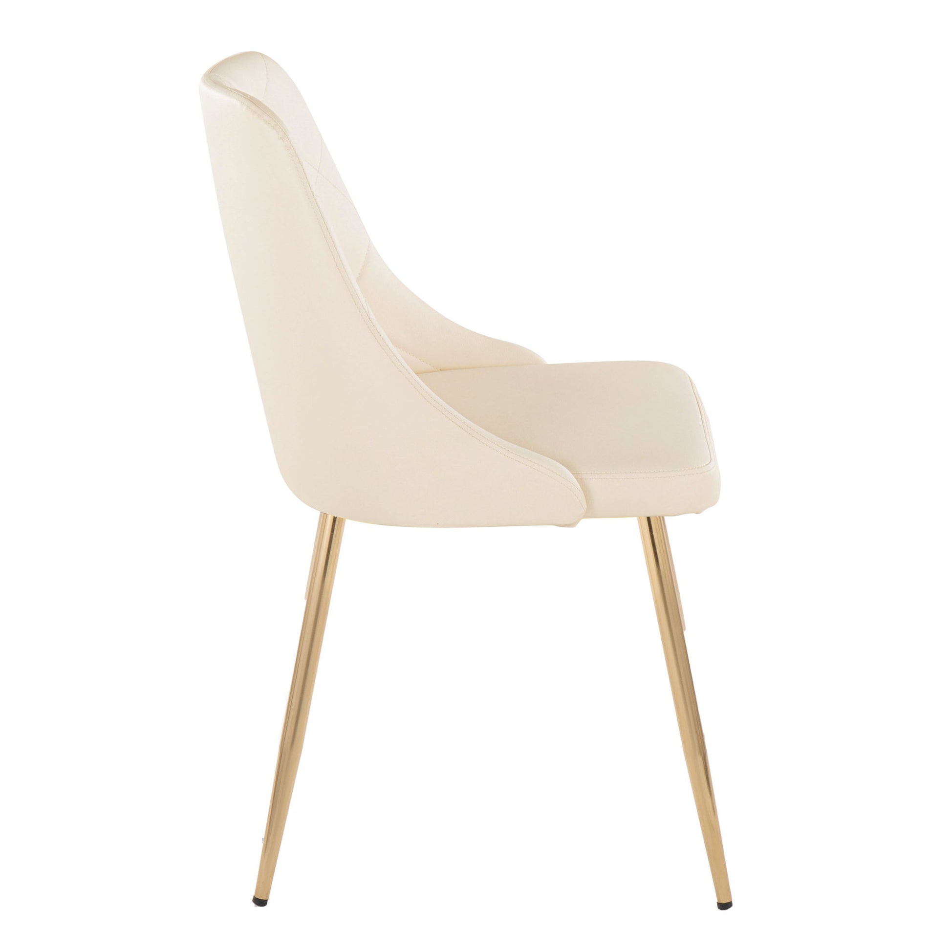 Side view of the Giovanni Dining Chair set—contemporary, elegant design with a cream cushioned seat and backrest, plus slim gold metal legs. Set of 2.