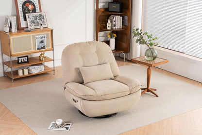 The Power Recliner Swivel Glider with USB charger and Bluetooth music player sits on a light rug in a stylish living room, near a small wooden table with a vase, books, and decor by large window blinds.