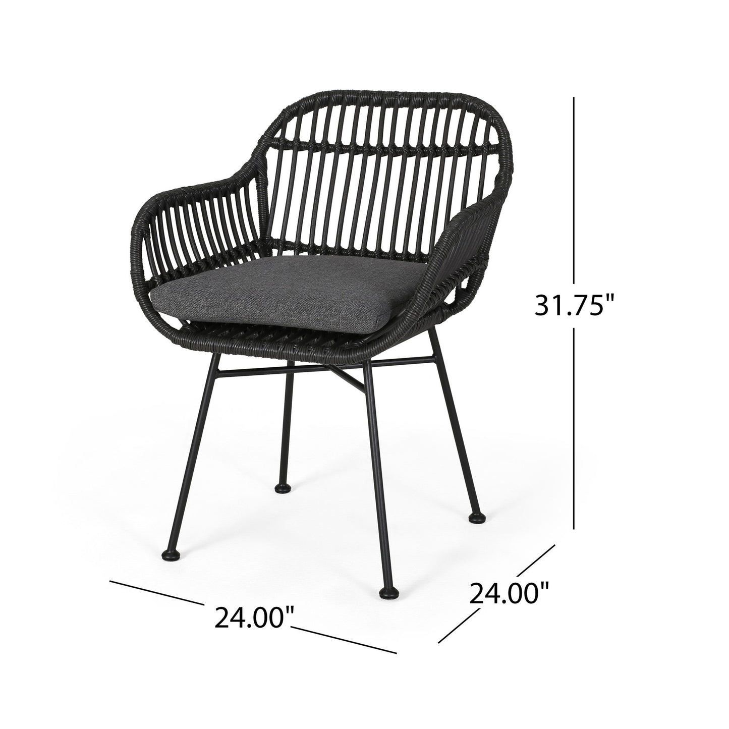 The Outdoor Rattan Accent Chair With Metal Legs features a black woven design, dark gray seat cushion, and slim metal legs. Dimensions: 31.75"H x 24"W x 24"D.