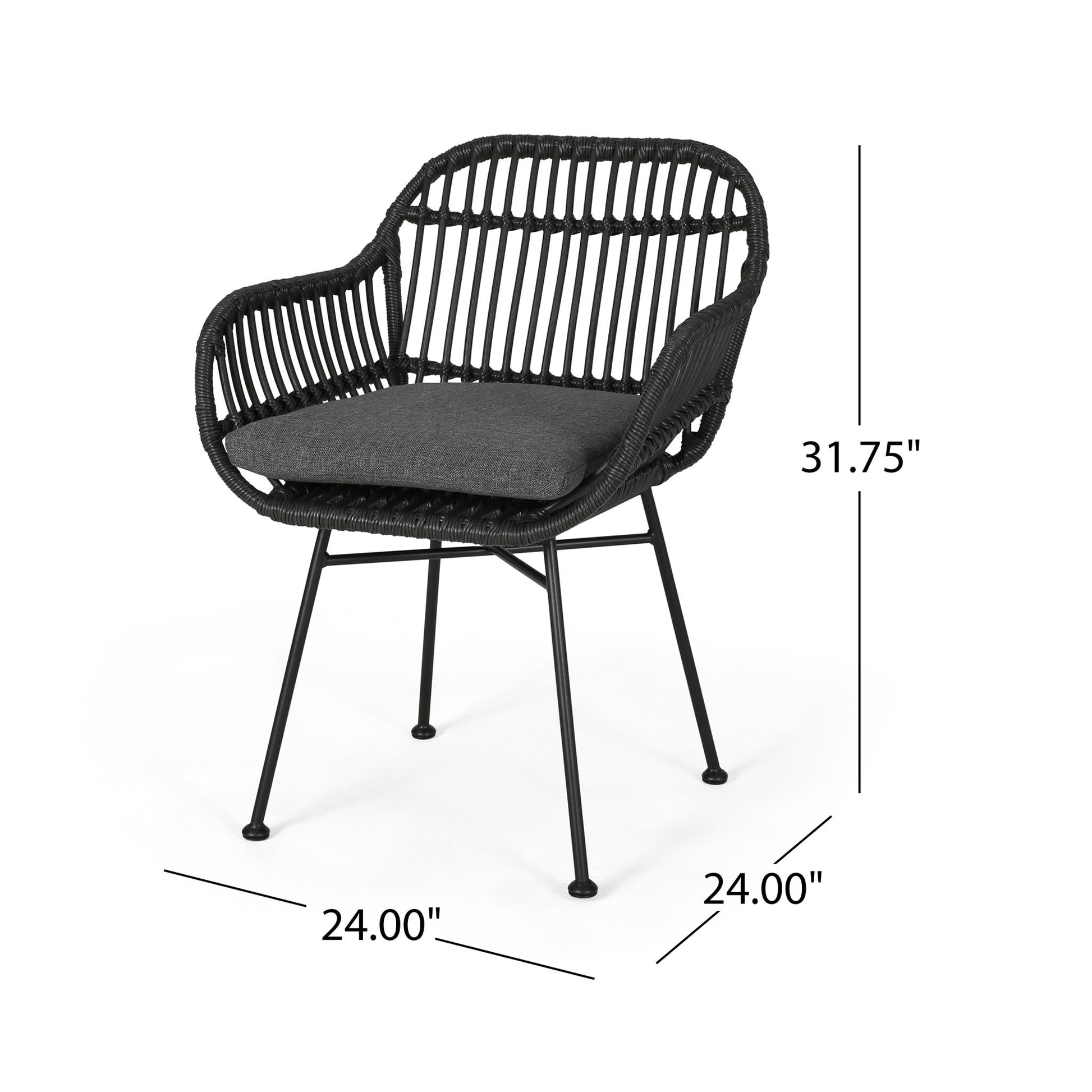 The Outdoor Rattan Accent Chair With Metal Legs features a black woven design, dark gray seat cushion, and slim metal legs. Dimensions: 31.75"H x 24"W x 24"D.