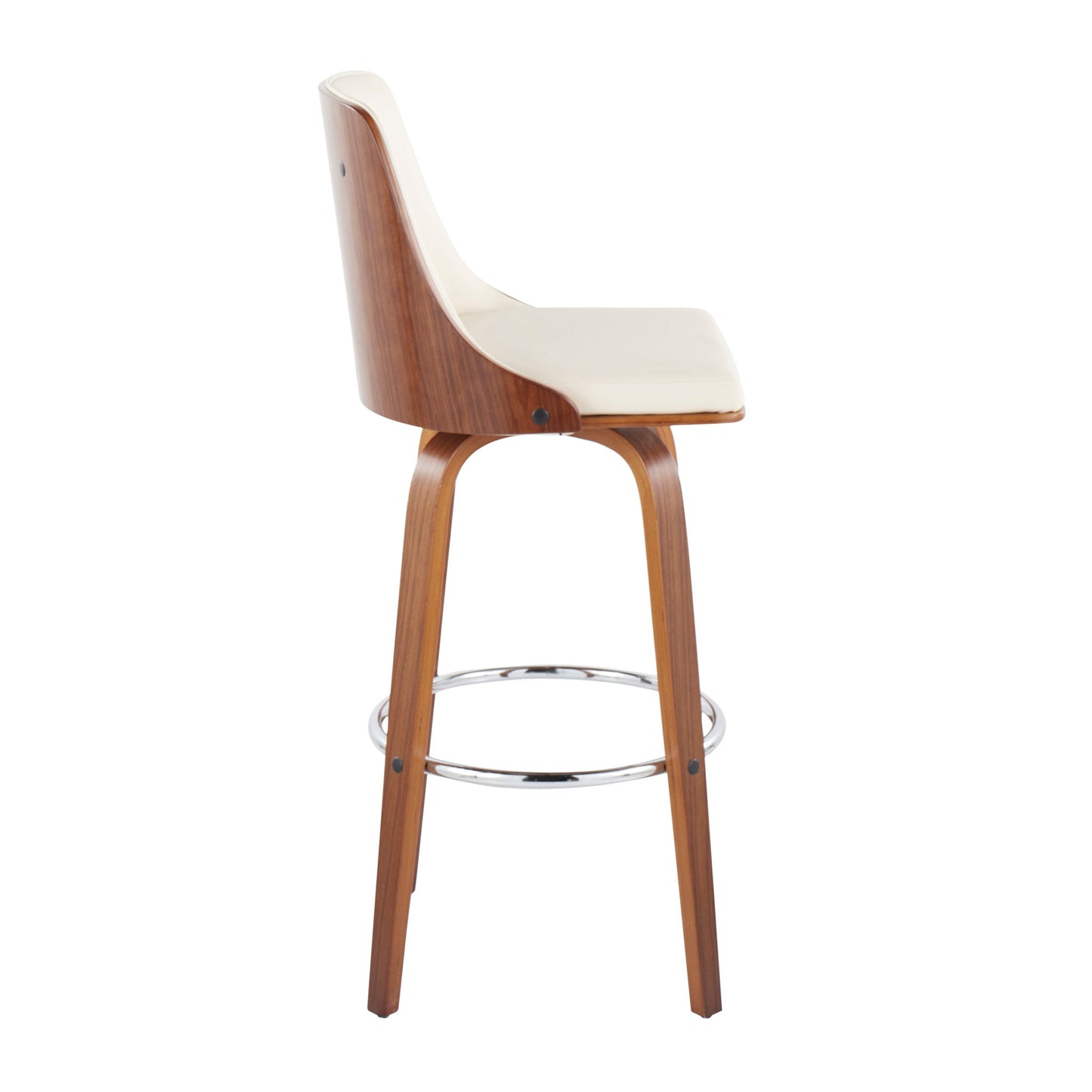 The Gianna Mid Century Modern Fixed Height Barstool features a curved wood frame, light beige cushioned seat and back, and a chrome round footrest; shown from the side against a white background. Sold as a set of 2 with swivel function.