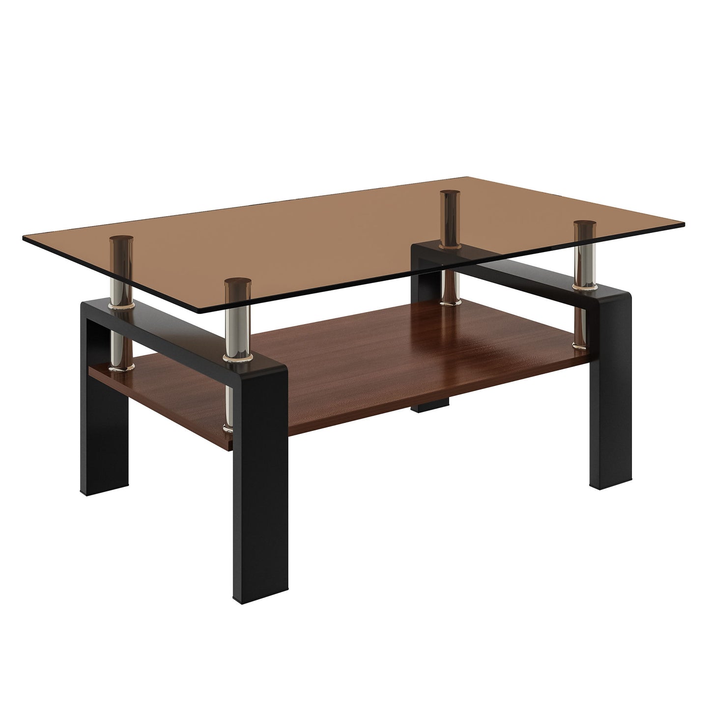 The Modern Rectangular Coffee Table With Tempered Glass Top features black legs, silver metal supports, a dark brown wooden lower shelf, and a transparent glass top for a sleek, modern minimalist look.