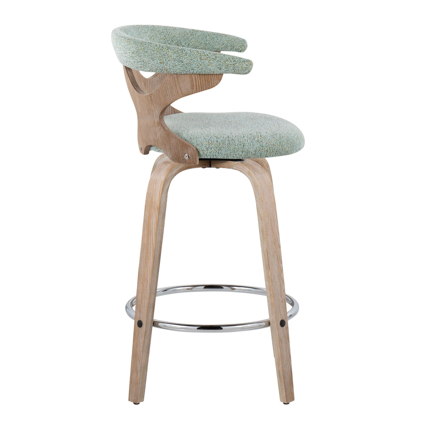 Side view of the Gardenia Mid Century Modern Fixed Height Counter Stool with swivel, featuring light wood legs, a circular metal footrest, cushioned seat and backrest in light green fabric, and a distinct curved wooden support. Set of 2.