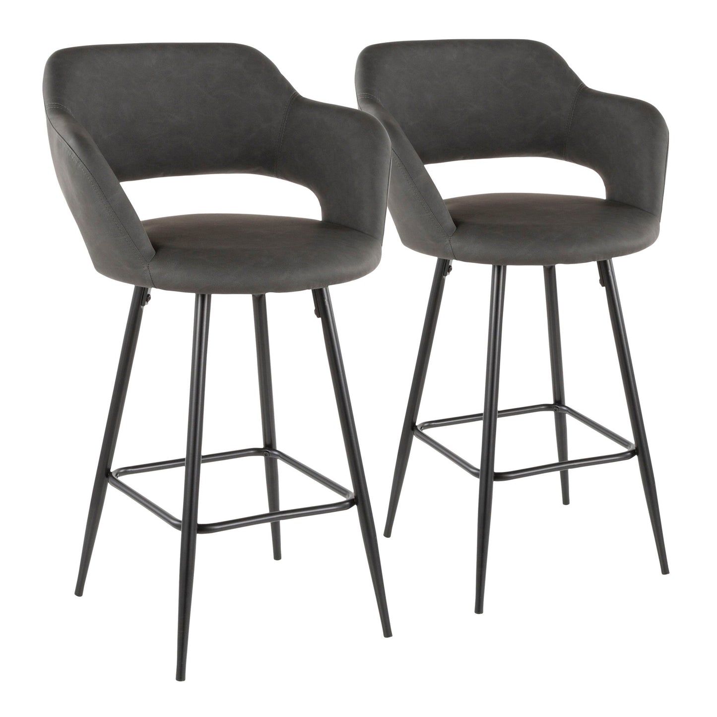 The Margarite Contemporary Counter Stool set includes two stools with black metal legs, dark gray upholstered seats and backrests, plus curved armrests and footrests.