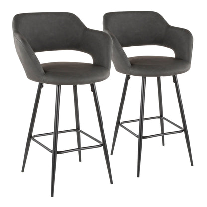 The Margarite Contemporary Counter Stool set includes two stools with black metal legs, dark gray upholstered seats and backrests, plus curved armrests and footrests.