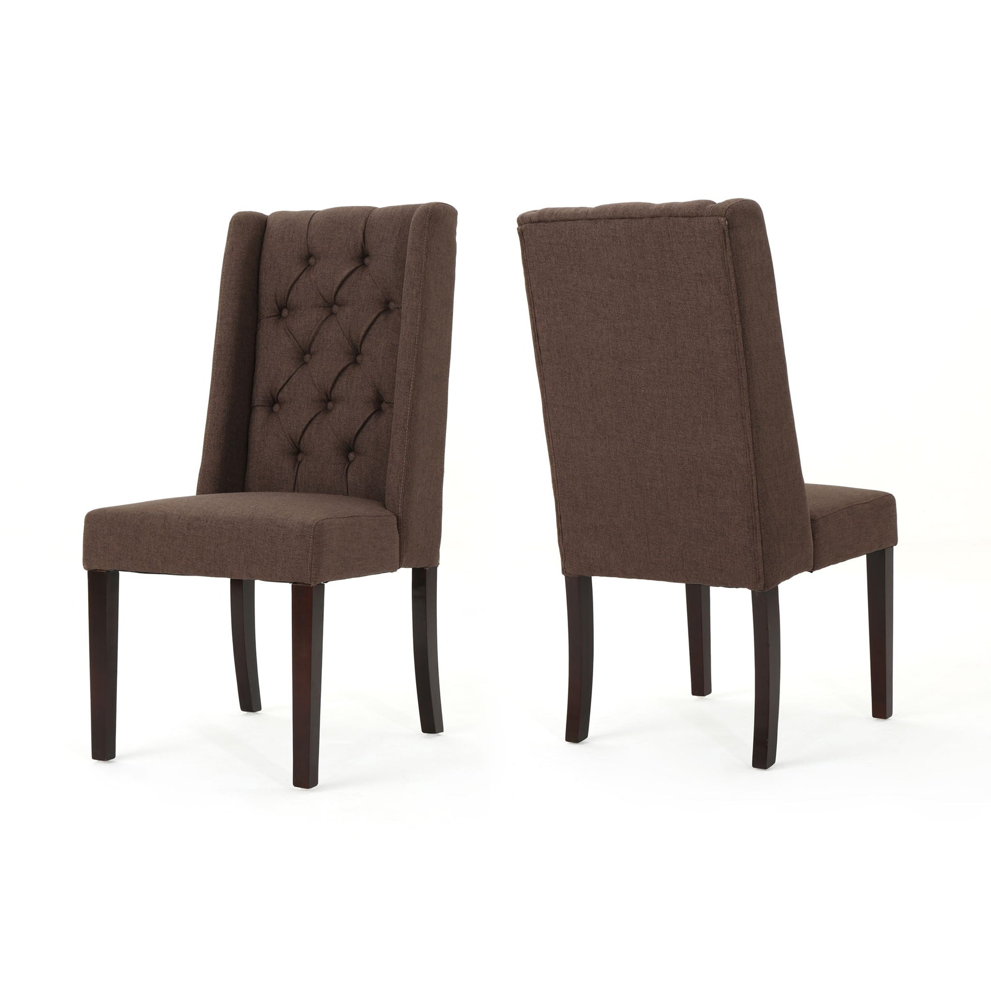 Set against a white background, two Sophisticated Tufted Dining Chairs with high backs and dark wooden legs are displayed: one faces forward showing tufted button details, the other is viewed from the rear. Both feature rich brown upholstery.