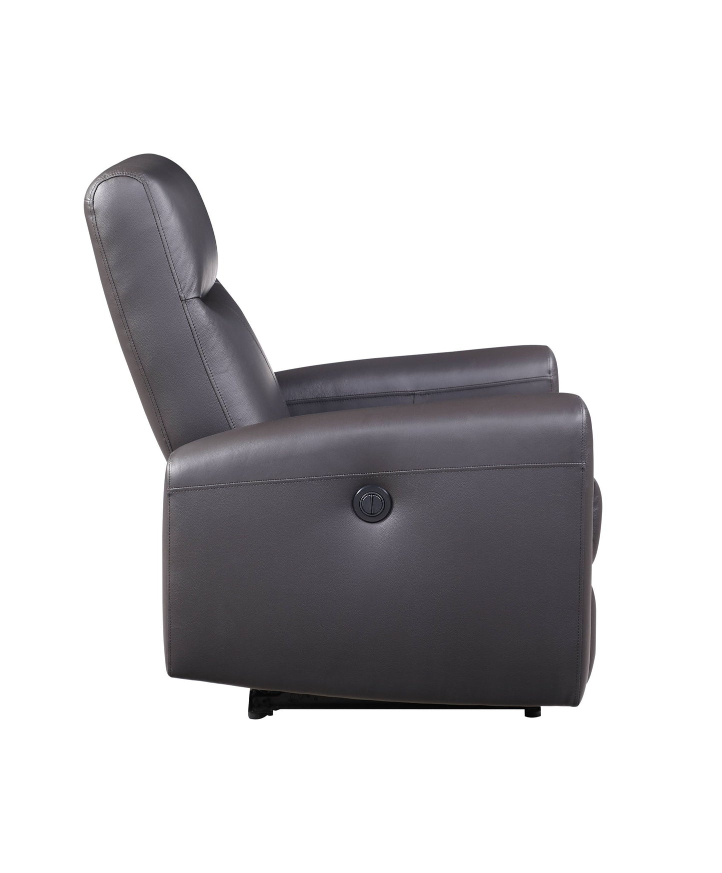 Side view of the Blane - Top Grain Leather Match Power Motion Recliner in brown, featuring a cushioned backrest, armrests, and a round button control on the outer side, set against a plain white background.