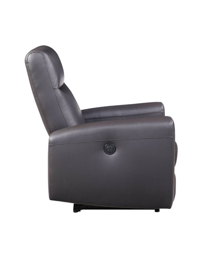 Side view of the Blane - Top Grain Leather Match Power Motion Recliner in brown, featuring a cushioned backrest, armrests, and a round button control on the outer side, set against a plain white background.