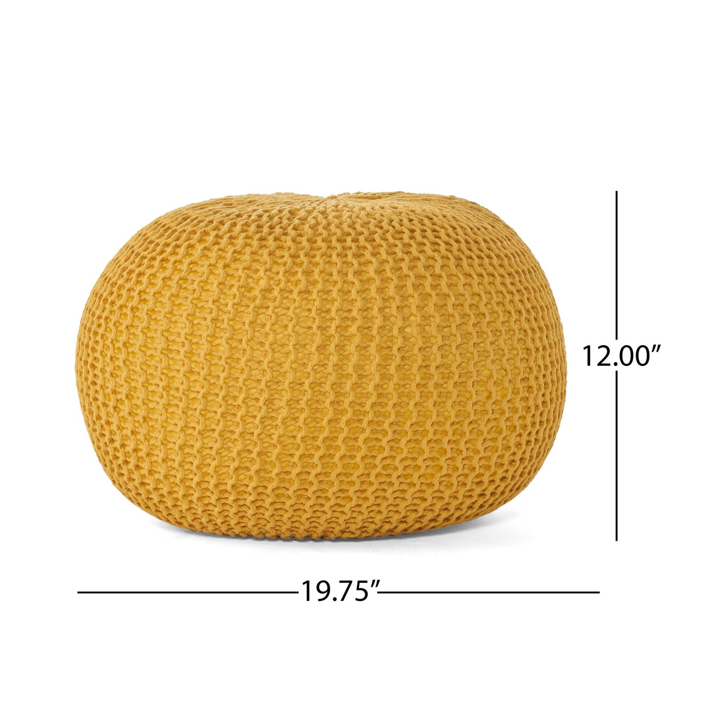 The Bordeaux Knitted Cotton Round Pouf is a versatile yellow ottoman and floor cushion, measuring 12" tall and 19.75" wide.