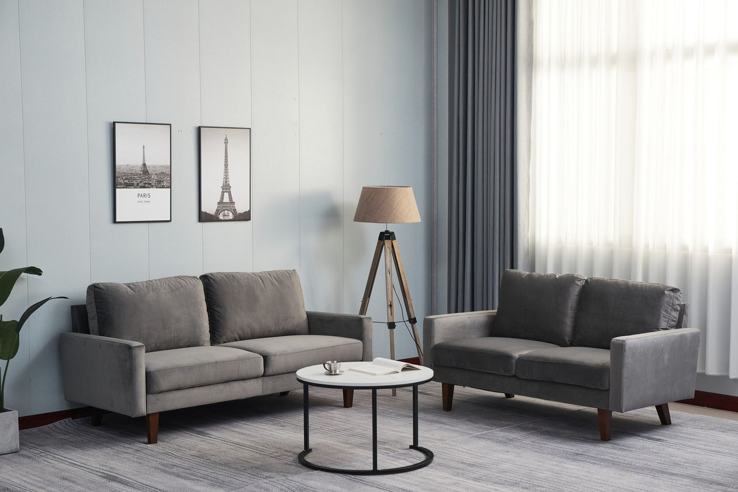 Modern living room featuring two Comfortable Sofas With Durable Construction, a round white coffee table, floor lamp, framed prints on a light wall, and a potted plant in the corner for a minimalist, cozy feel.