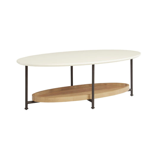 Oval Coffee Table With Metal Legs - White / Natural, featuring a white top, black metal legs, and a natural wood shelf, displayed against a white background.
