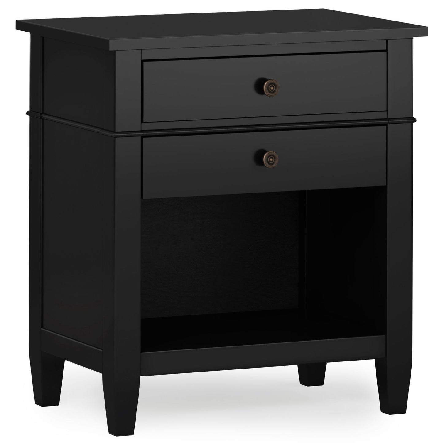 The Carlton Handcrafted Bedside Table features a black wooden finish, one top drawer with two round knobs, an open lower shelf, and stands on four short legs.