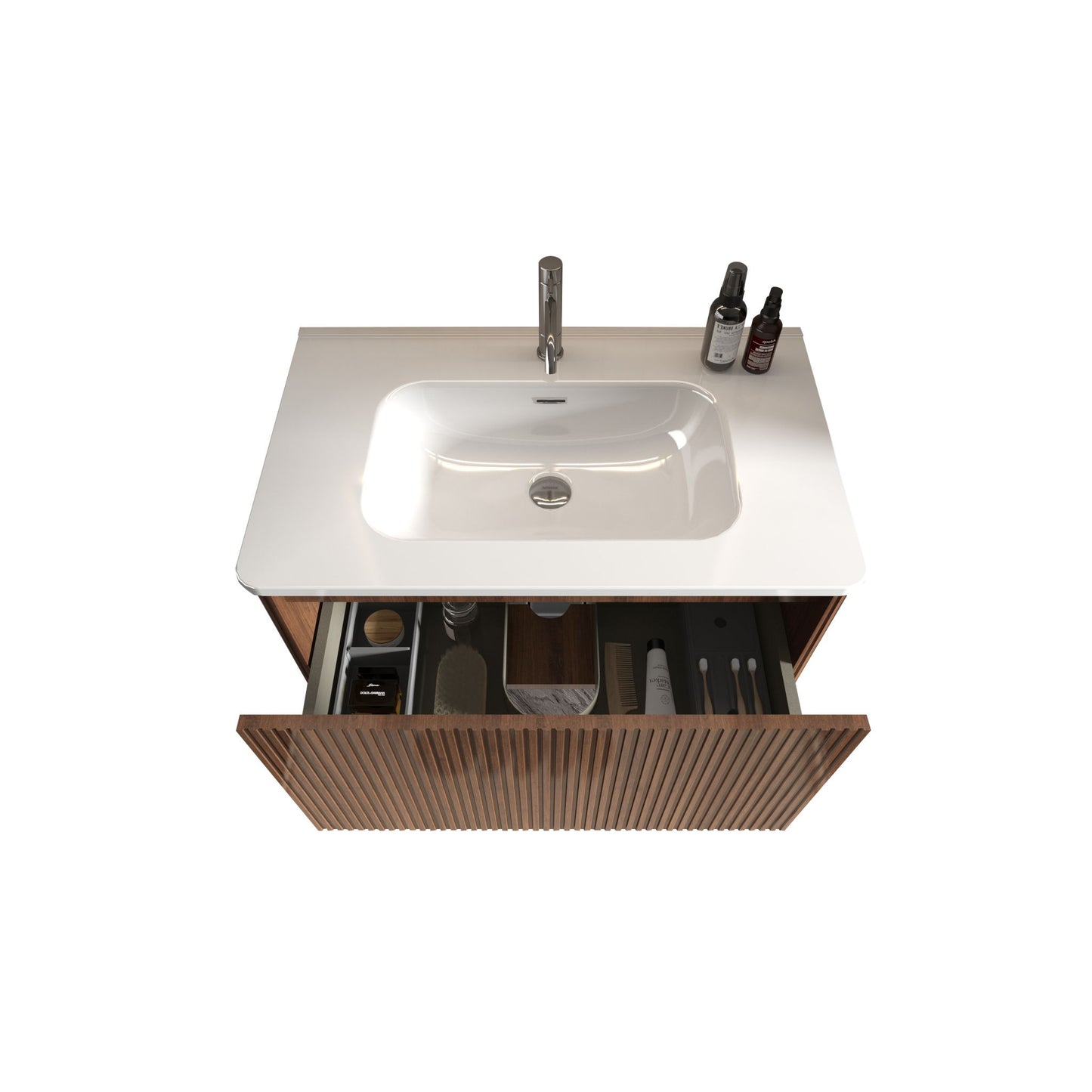 The Etna - Striped Bathroom Vanity With Ceramic Sink is wall mounted and features an open drawer with organized toiletries inside. Two bottles sit on the right side of the white countertop, set against a plain white background.