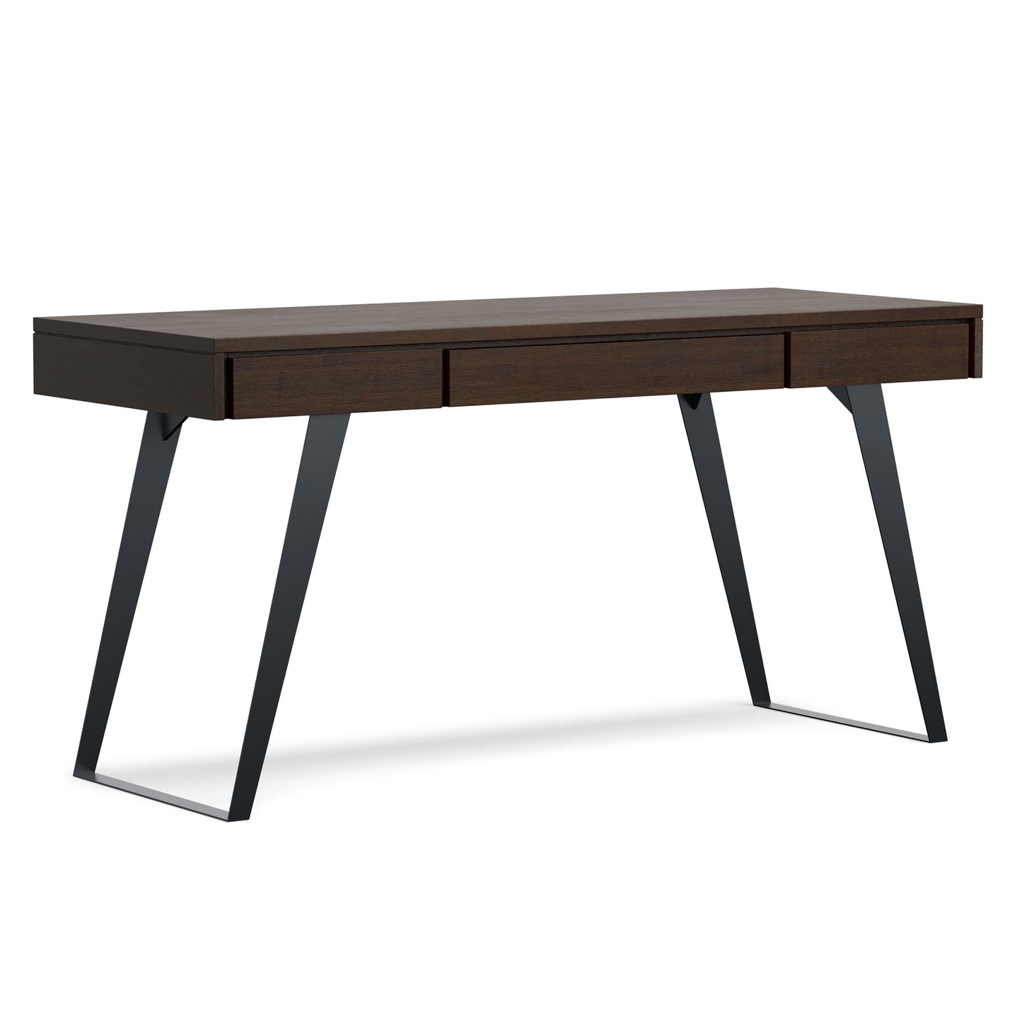 The Lowry - Handcrafted Desk is a modern wooden desk with a dark brown finish, three drawers, and angled black metal legs.