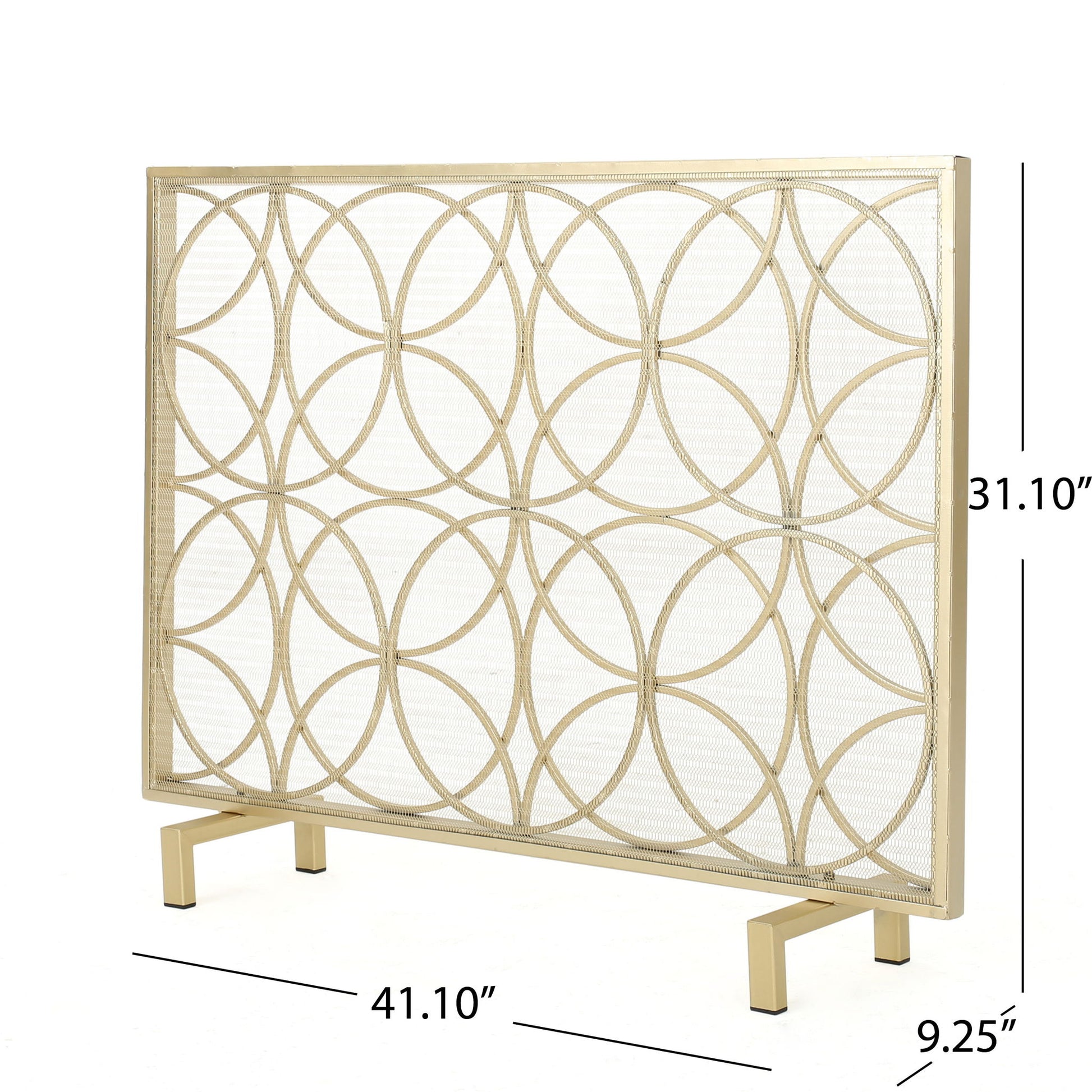 The Thayer Single Panel Iron Fireplace Screen features a gold geometric circle design and stands on two rectangular legs. Dimensions: 41.10" W x 31.10" H x 9.25" D.