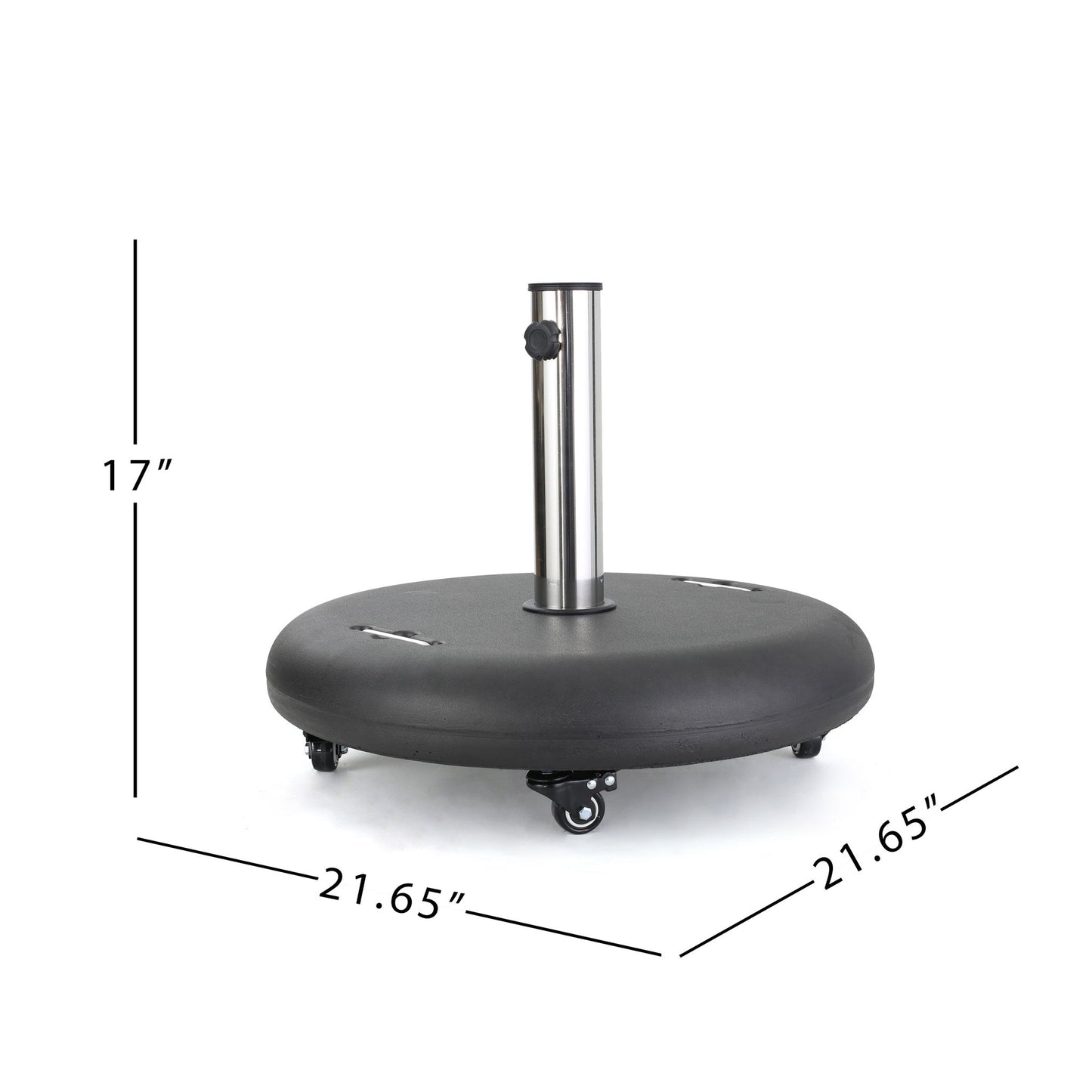 The Wheelie - Round Umbrella Base With Stainless Steel Holder features a round black design with wheels, a central metal pole with an adjustment knob, and measures 17" high by 21.65" wide and deep.