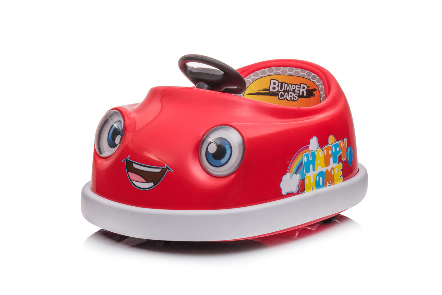A red 12V Bumper Car for kids (ages 1-6) features cartoon eyes, a smiling mouth, steering wheel, "HAPPY HOME" and "BUMPER CARS" labels, pushrod dinner plate, USB/Bt music, rocking horse mode and anti-collision design.