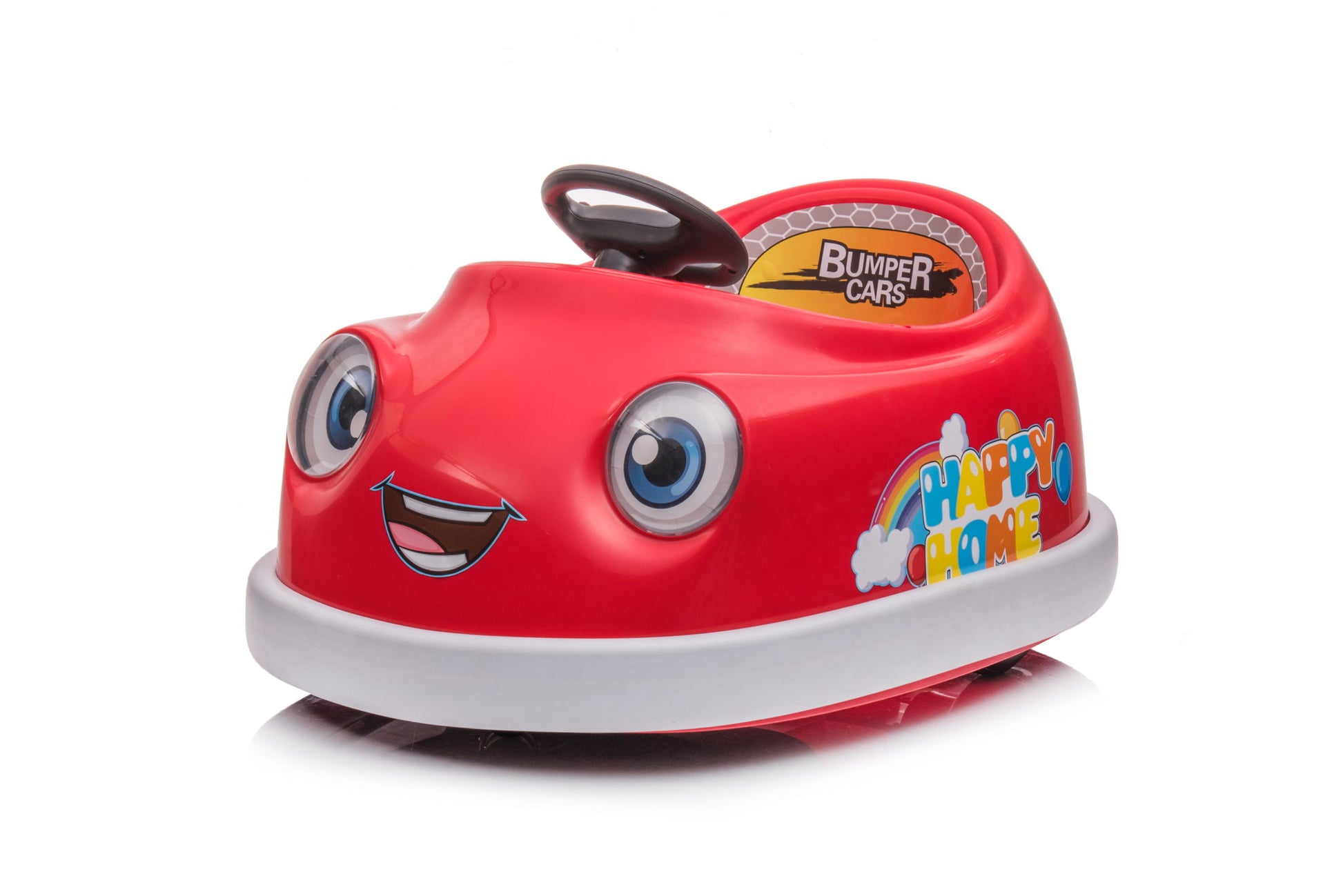 A red 12V Bumper Car for kids (ages 1-6) features cartoon eyes, a smiling mouth, steering wheel, "HAPPY HOME" and "BUMPER CARS" labels, pushrod dinner plate, USB/Bt music, rocking horse mode and anti-collision design.