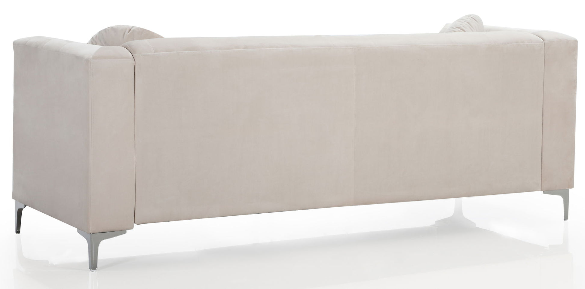 The Elegant Contemporary Sofa is shown from the back in light beige, highlighting its clean lines, low arms, plush cushions, and sleek metal legs.