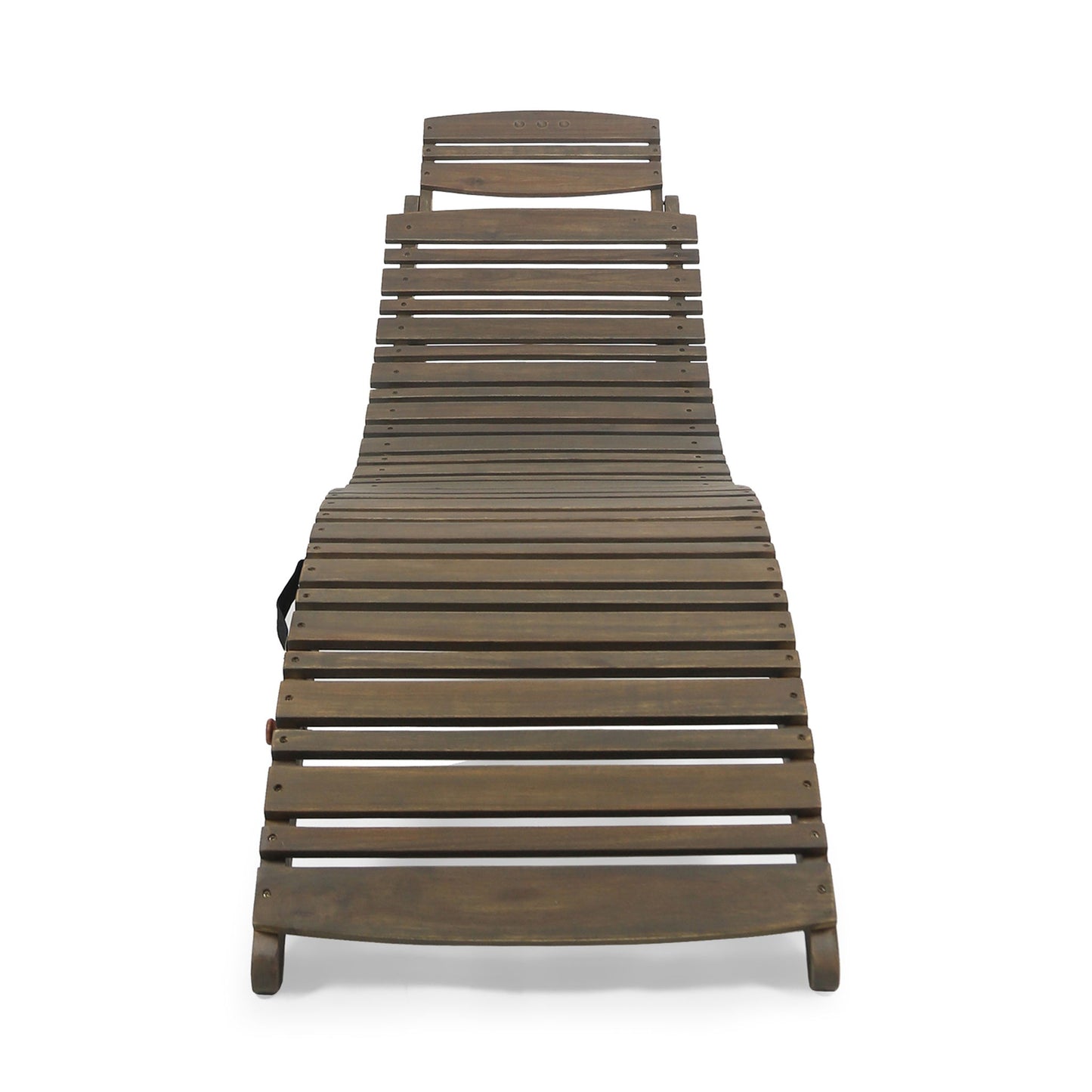 The Lahaina - Wood Foldable Chaise Lounge features curved lines, wooden slats, and a smooth dark brown finish, shown from the front.