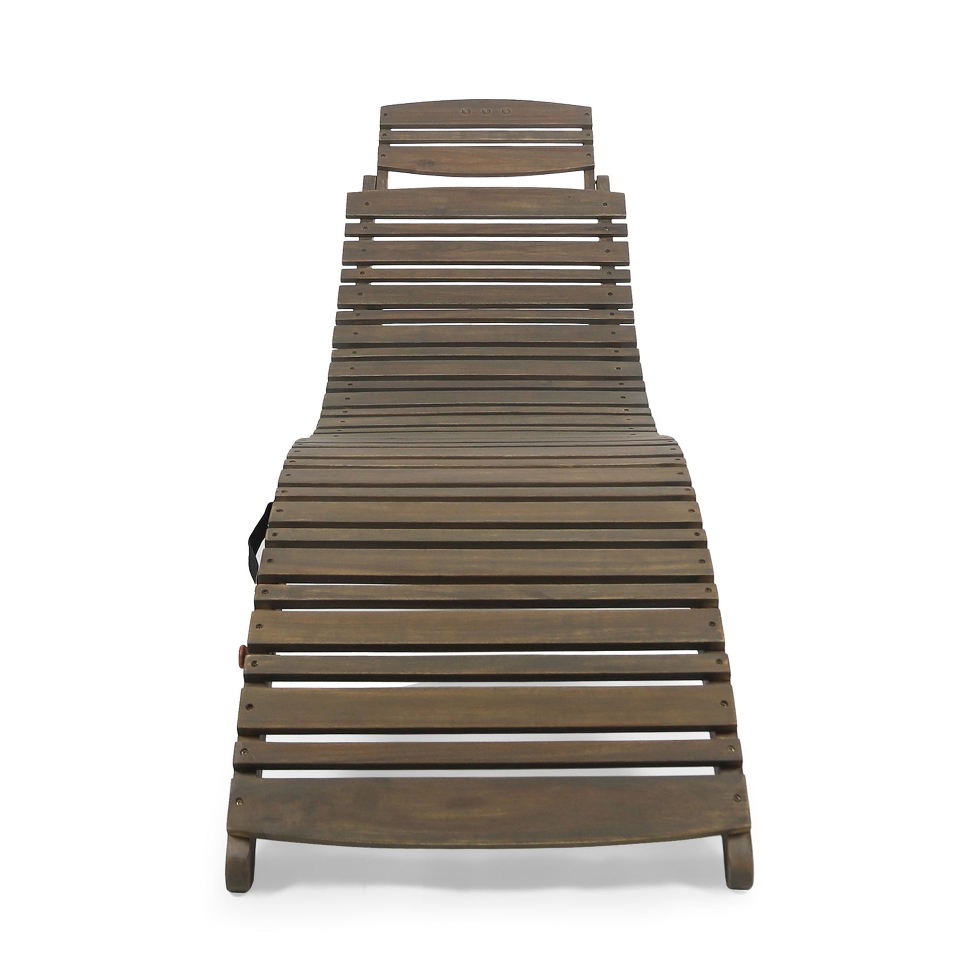 The Lahaina - Wood Foldable Chaise Lounge features curved lines, wooden slats, and a smooth dark brown finish, shown from the front.
