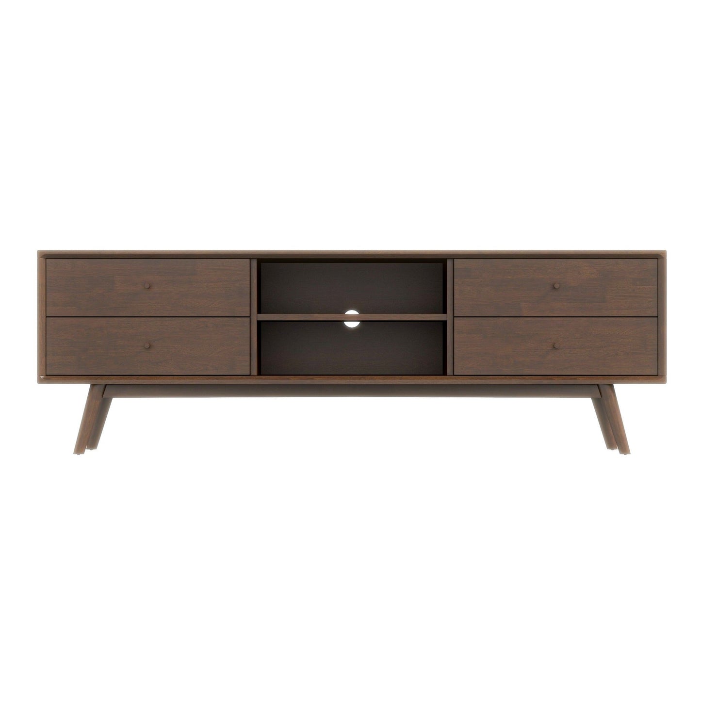 The Caroline - Modern TV Stand Up To 72" features a mid-century design with four drawers, two central open shelves with circular cable management holes, and angled legs.