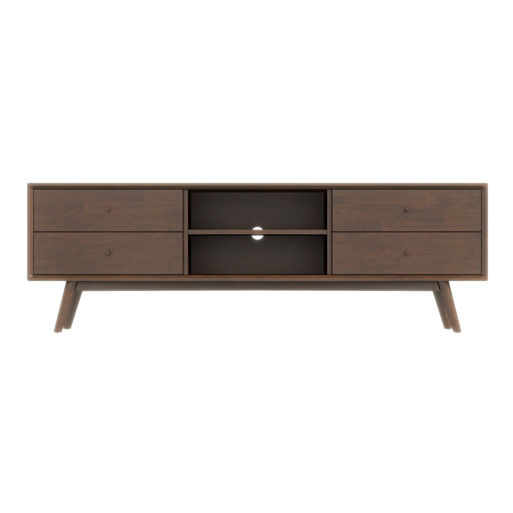 The Caroline - Modern TV Stand Up To 72" features a mid-century design with four drawers, two central open shelves with circular cable management holes, and angled legs.