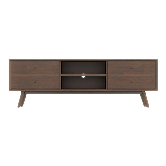 The Caroline - Modern TV Stand Up To 72" features a mid-century design with four drawers, two central open shelves with circular cable management holes, and angled legs.
