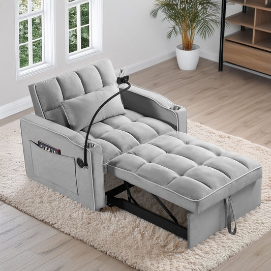 A Convertible Sleeper Chair Sofa Bed with multi-pockets and adjustable pull-out design sits in a bright room with wood flooring, large windows, a potted plant, and shelving unit—perfect for living rooms or small spaces.