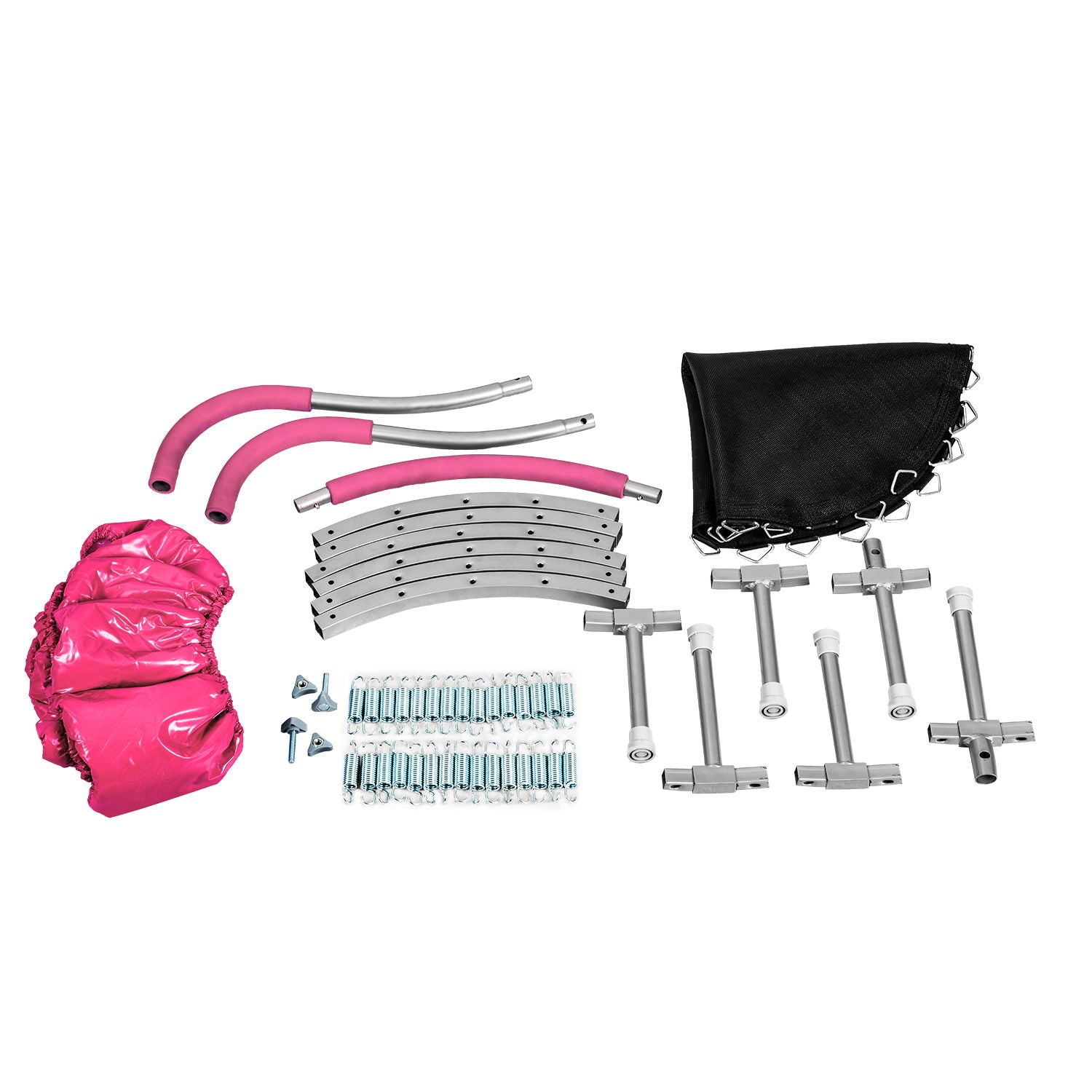 Kangle Store Trampoline With Handle parts—including pink padding, curved metal frame pieces, black jumping mat, springs, bolts, and tools—are arranged neatly on a white background.
