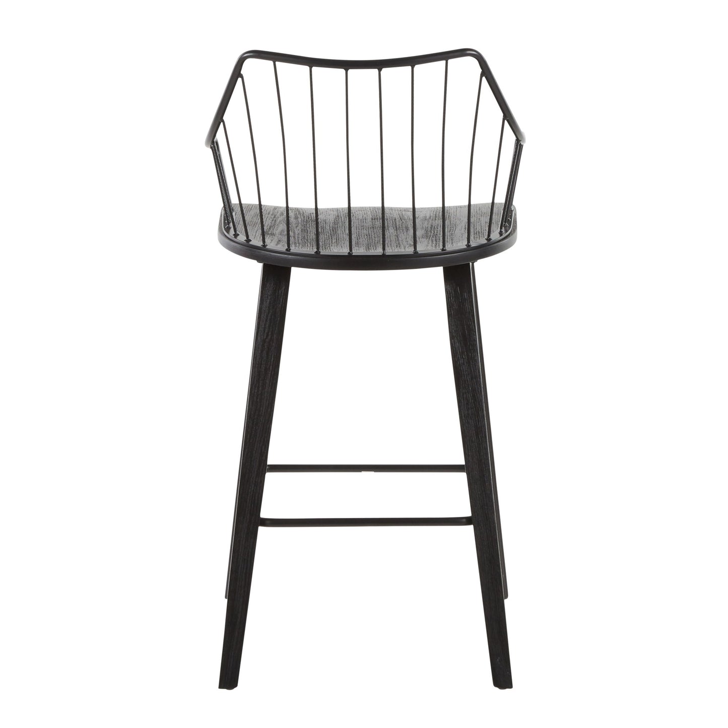 The Winston - Farmhouse Counter Stool features a modern black design with a curved open wire backrest and four angled wooden legs joined by a metal footrest.