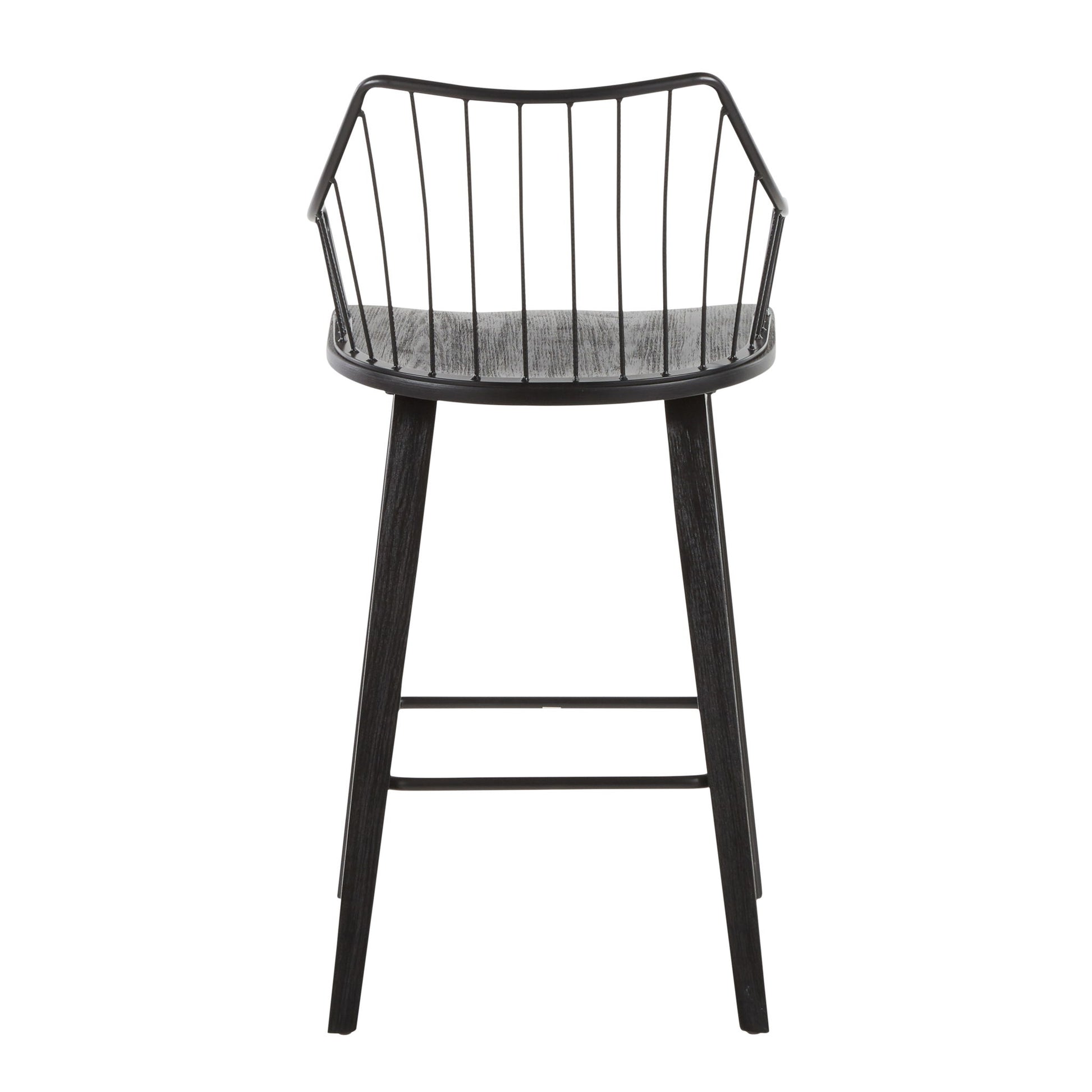 The Winston - Farmhouse Counter Stool features a modern black design with a curved open wire backrest and four angled wooden legs joined by a metal footrest.