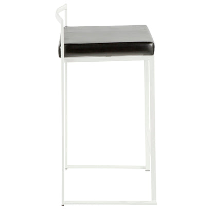 The Fuji - Simple Elegance, Contemporary Stackable Counter Stool features a slim white metal frame and a rectangular black cushioned seat, shown from the side against a white background.