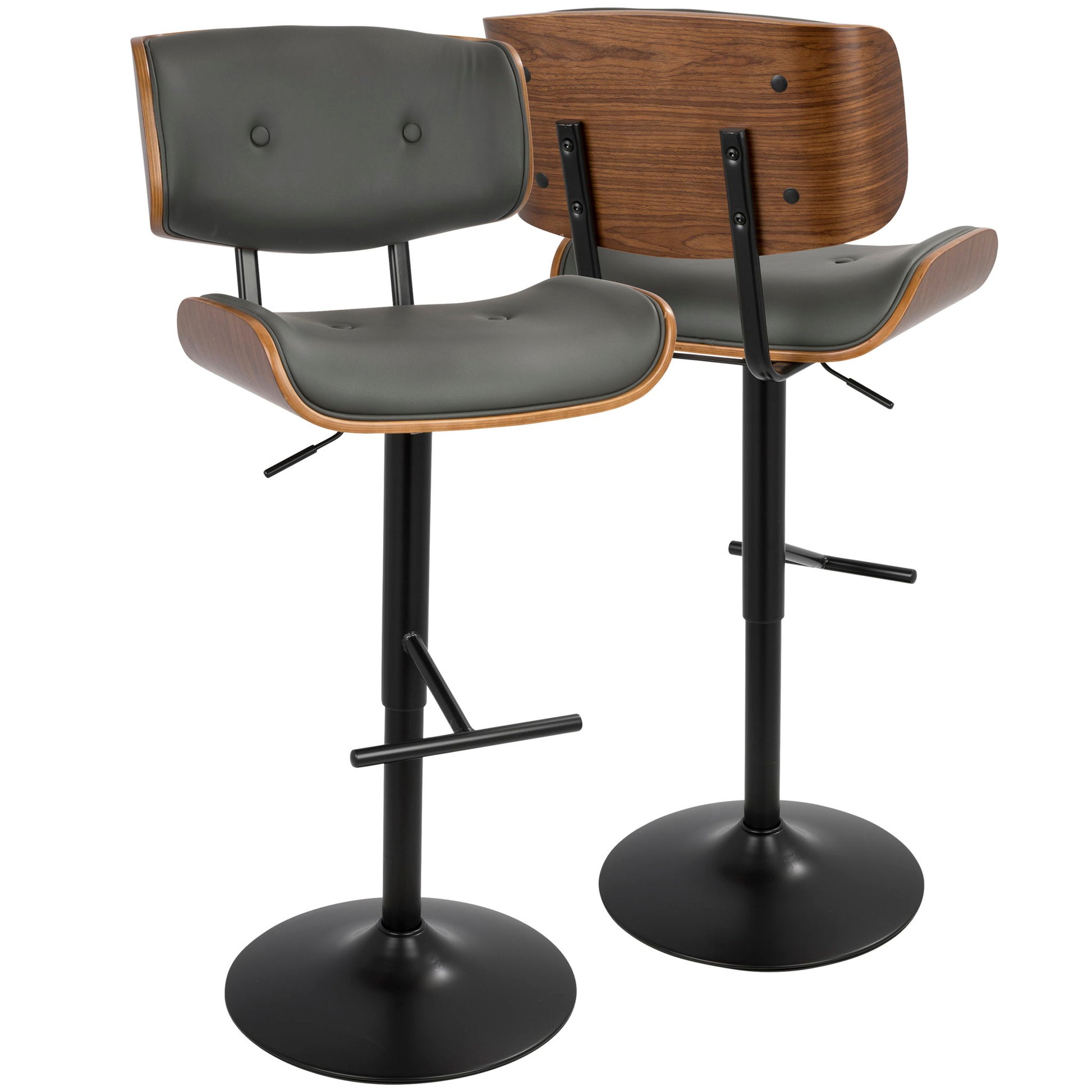 The Lombardi Mid Century Modern Adjustable Barstool features a black pedestal base, footrest, curved wood accents, and gray upholstered seats and backrests with button details for a sleek, contemporary look.