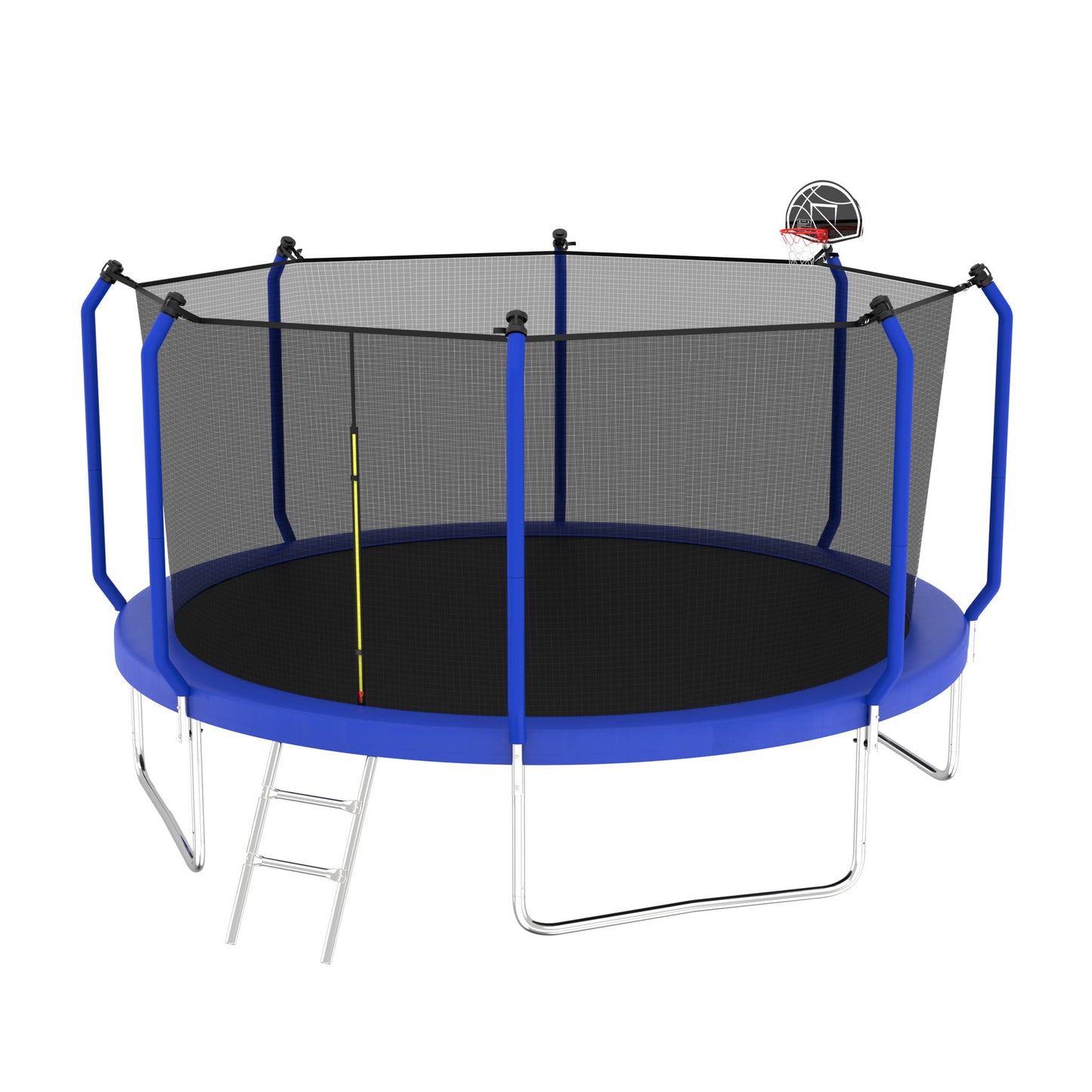 The Trampoline With Basketball Hoop is an ASTM approved outdoor trampoline featuring a round blue frame, safety net enclosure, silver ladder, and a small basketball hoop attached to the net.