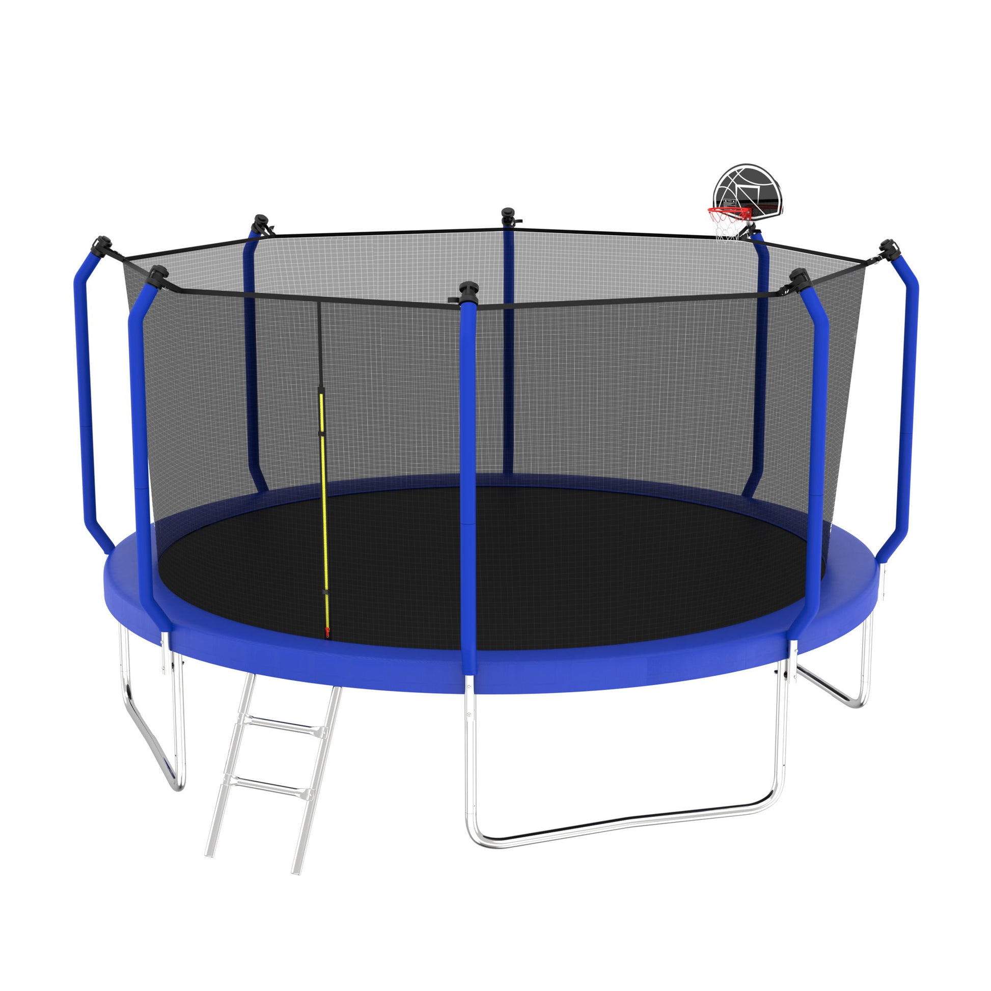 The Trampoline With Basketball Hoop is an ASTM approved outdoor trampoline featuring a round blue frame, safety net enclosure, silver ladder, and a small basketball hoop attached to the net.