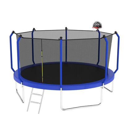 The Trampoline With Basketball Hoop is an ASTM approved outdoor trampoline featuring a round blue frame, safety net enclosure, silver ladder, and a small basketball hoop attached to the net.