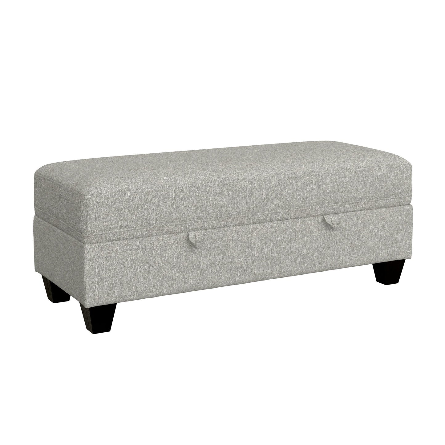 The Drason Storage Ottoman is a rectangular, light gray upholstered bench with black wooden legs and two fabric pull handles on the front for easy access to storage.