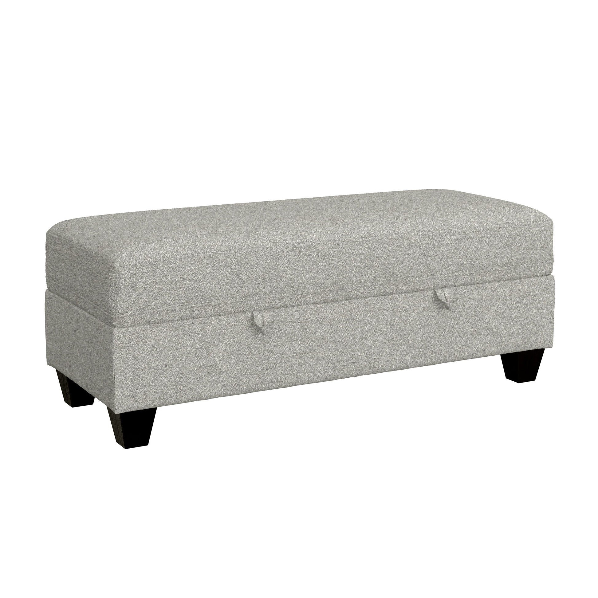 The Drason Storage Ottoman is a rectangular, light gray upholstered bench with black wooden legs and two fabric pull handles on the front for easy access to storage.