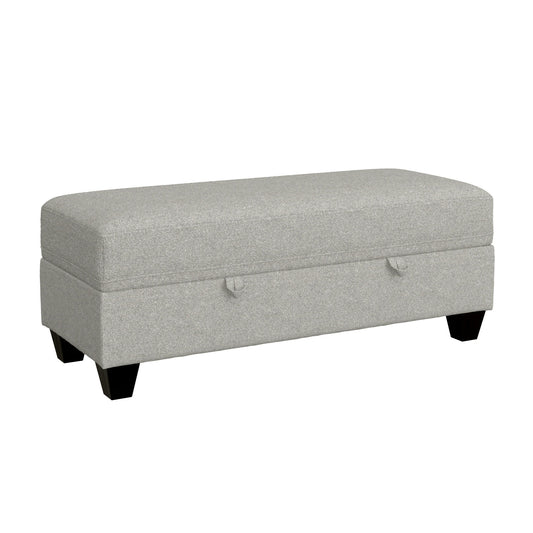 The Drason Storage Ottoman is a rectangular, light gray upholstered bench with black wooden legs and two fabric pull handles on the front for easy access to storage.