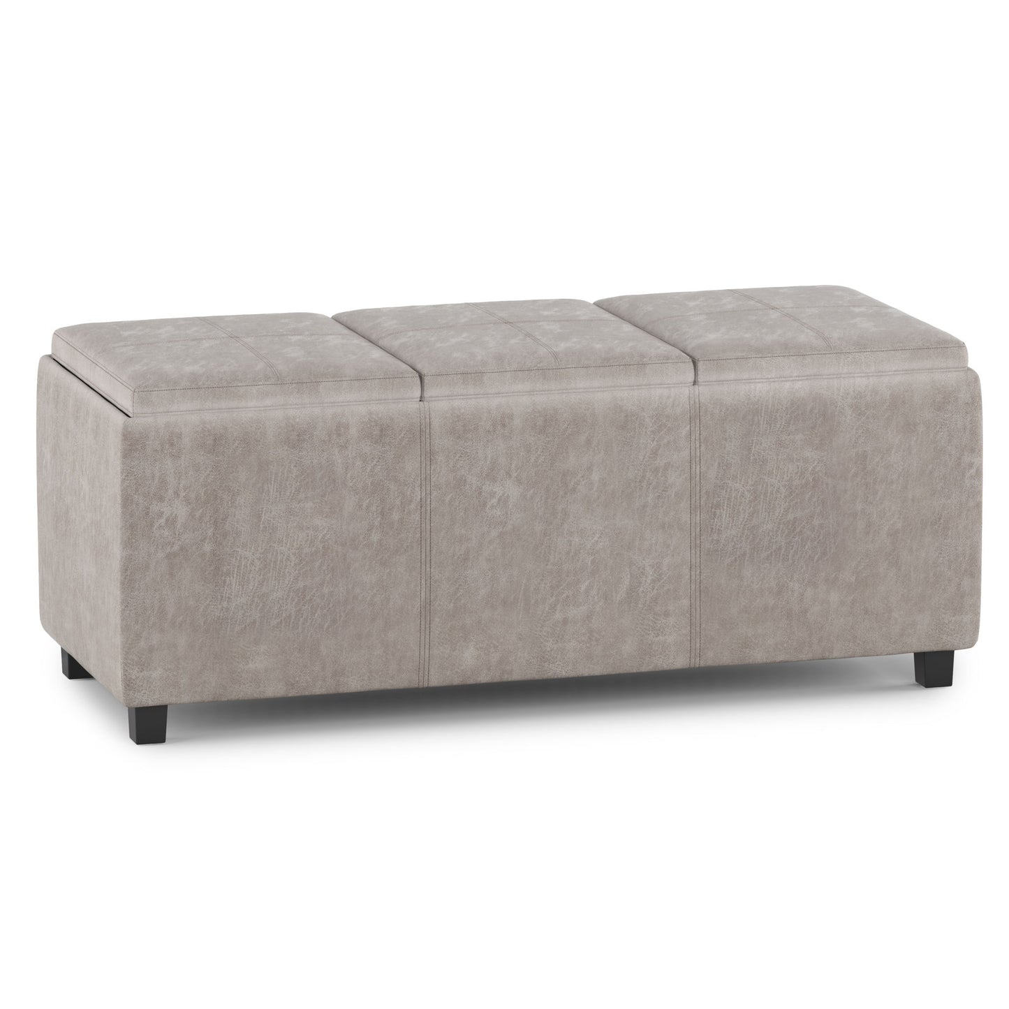Avalon - Upholstered Storage Ottoman in light gray, featuring three cushioned sections and short black legs, shown on a white background.