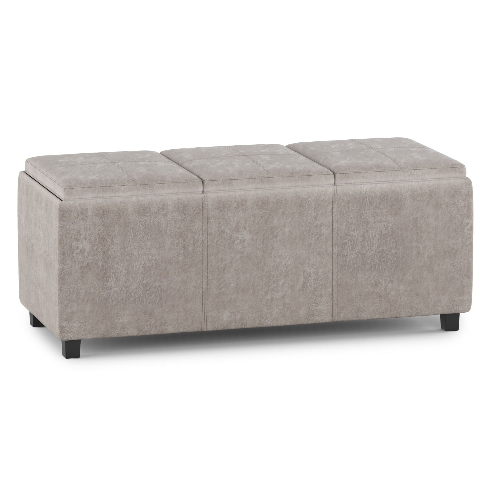 Avalon - Upholstered Storage Ottoman in light gray, featuring three cushioned sections and short black legs, shown on a white background.