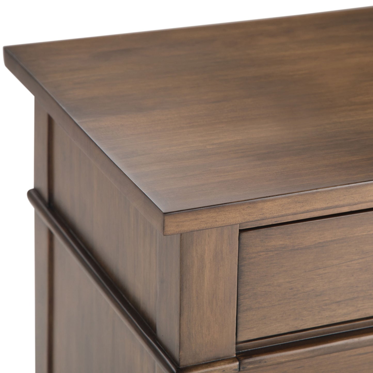 Close-up of the top corner of the Carlton Bedside Table in Rustic Natural Aged Brown, highlighting its smooth polished finish and simple, straight-edged wooden design.