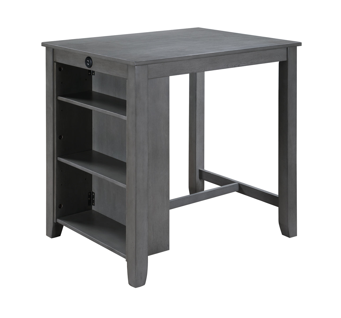 The Graham Small Space Dining Table features a modern gray wood design with three open shelves on one side, a flat top surface, sturdy legs, and USB charging ports.