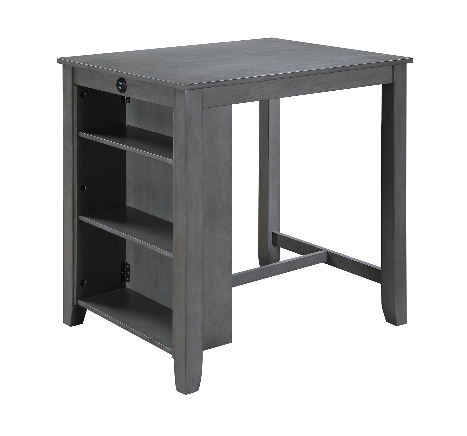 The Graham Small Space Dining Table features a modern gray wood design with three open shelves on one side, a flat top surface, sturdy legs, and USB charging ports.