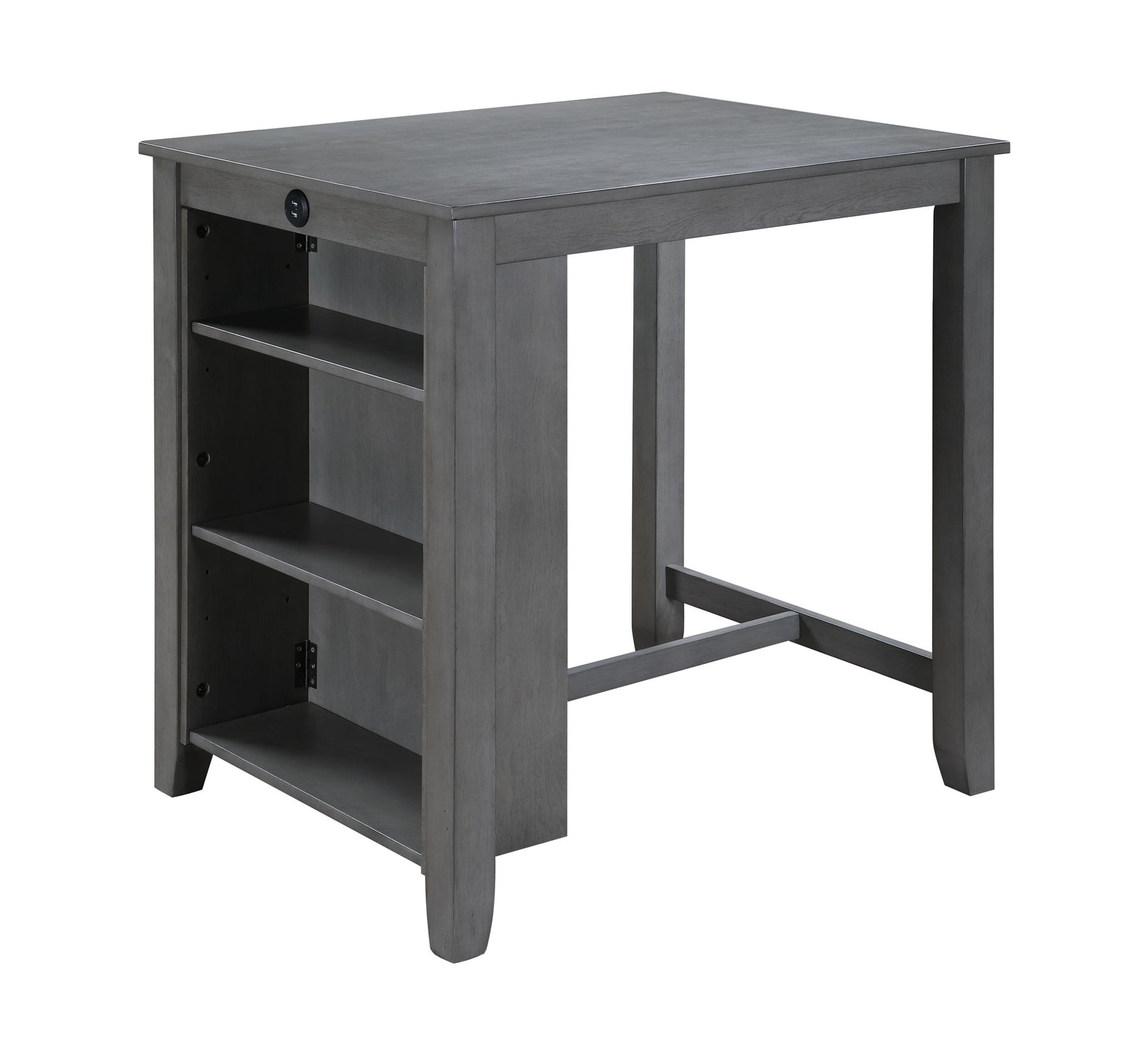 The Graham 3 Piece Small Space Counter Height Dining Table set features a gray wooden table with three side shelves and two chairs, a simple rectangular tabletop, sturdy legs, and a built-in power outlet on the side.