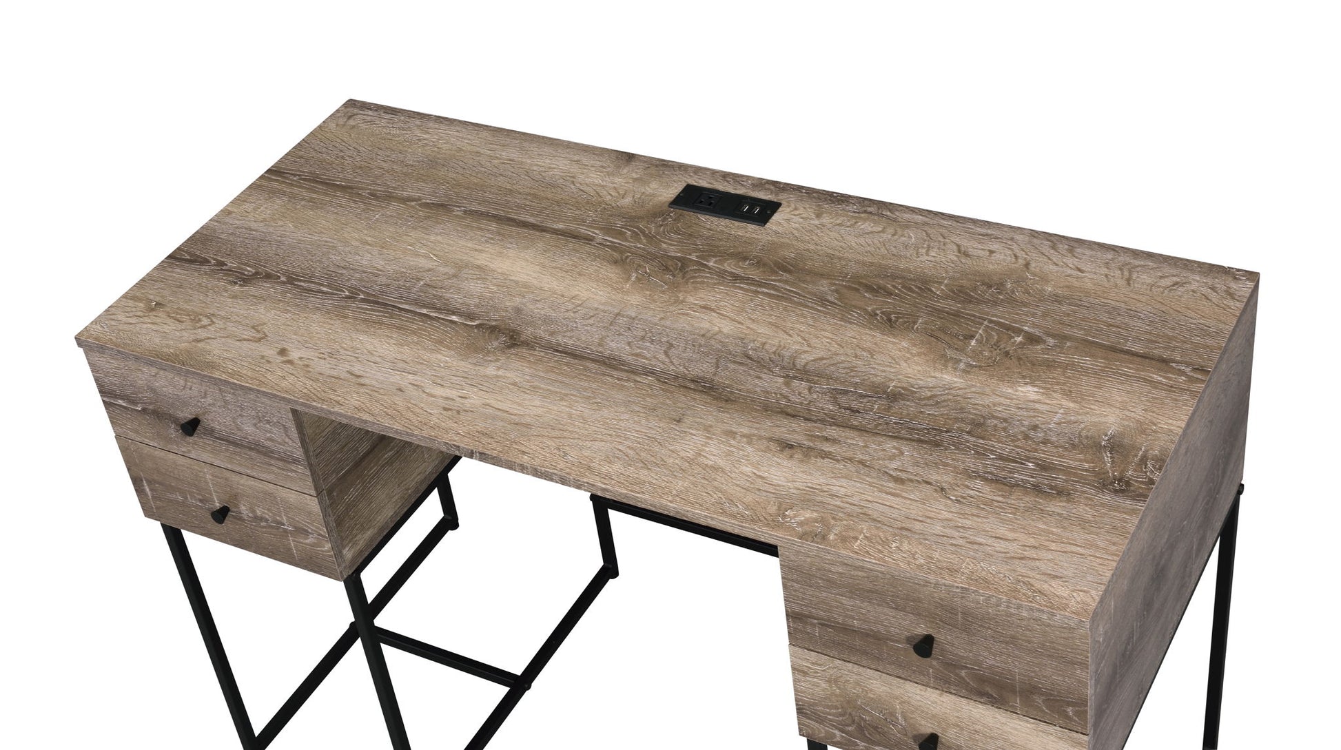 The Desirre Writing Desk With USB Port in oak features a natural wood finish, four side drawers, black metal legs, and a built-in power outlet on the desktop. Photographed against a white background.