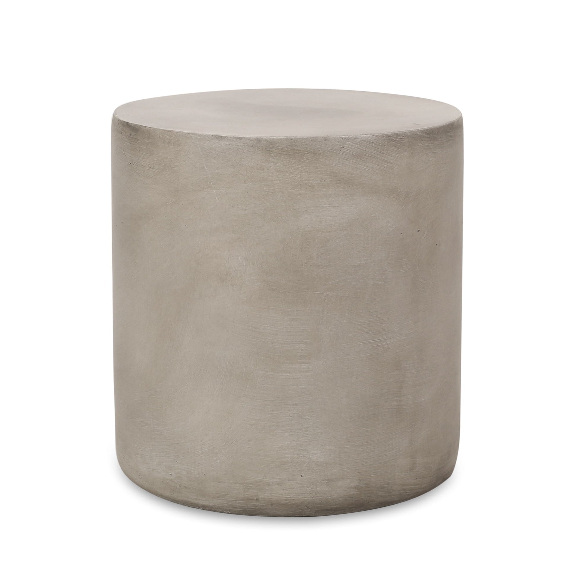 The Cylindrical Design Outdoor Lightweight Concrete Side Table features a simple, round shape in light gray with a smooth, undecorated surface, shown against a white background.